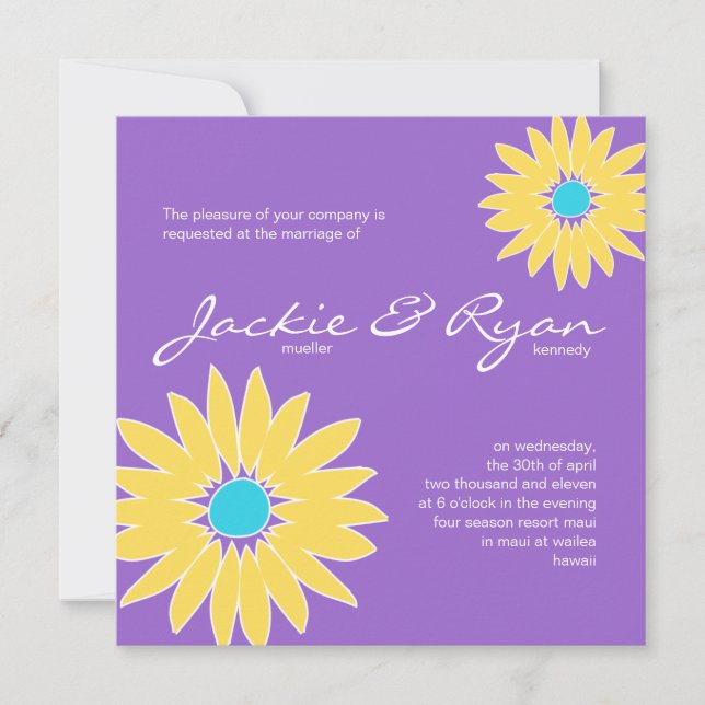 Bleu jaune mauve Faire-part de mariage marron (Devant)