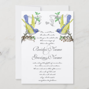 Bleu & Jaune Vintage Oiseaux Mariage Invitation