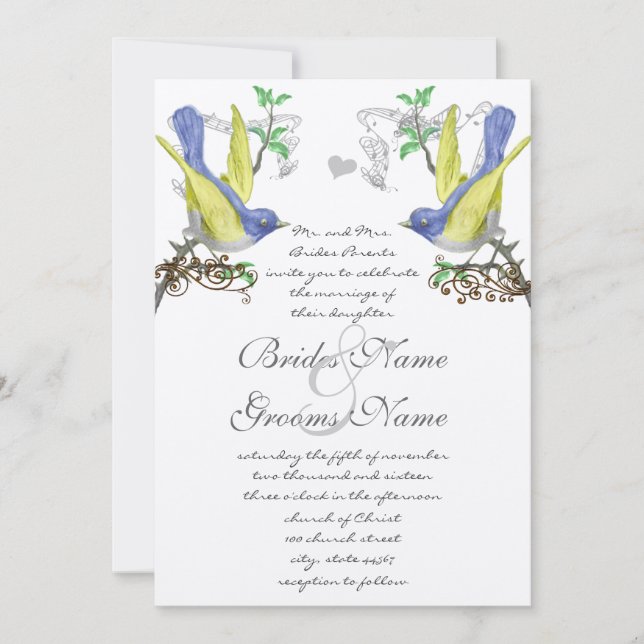 Bleu & Jaune Vintage Oiseaux Mariage Invitation (Devant)