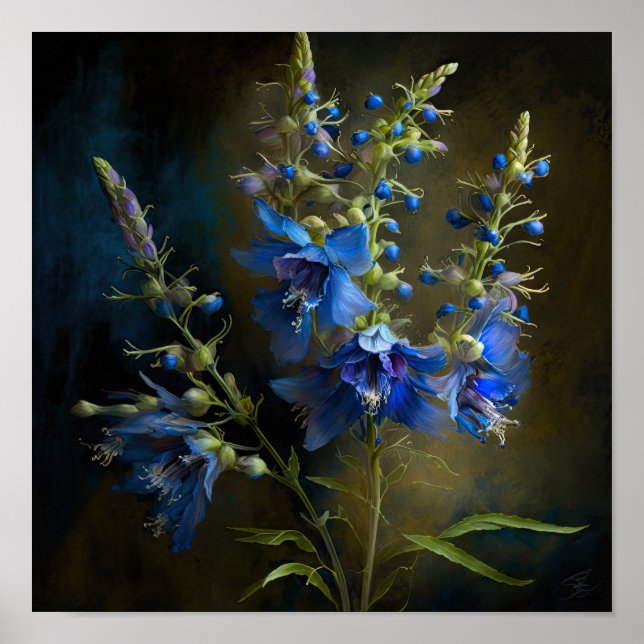 Bleu Larkspur Flower Art Imprimer Poster (Devant)