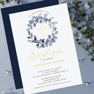 Bleu Leaf garçons Baptême Foil Invitation