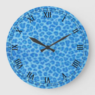 Bleu léopard Peau ronde chiffres romains Horloge