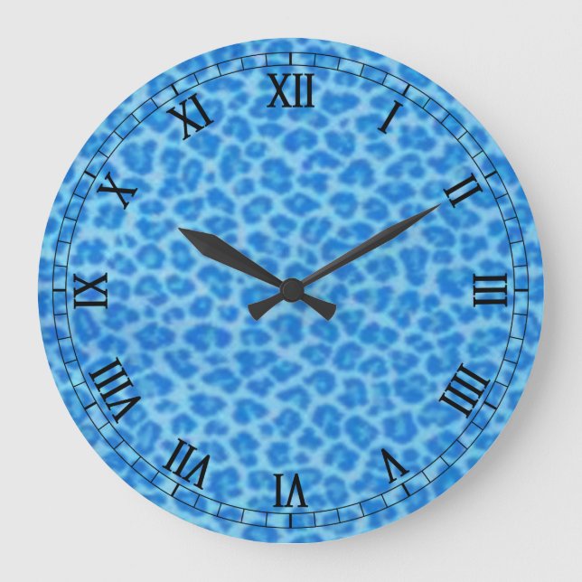 Bleu léopard Peau ronde chiffres romains Horloge (Recto)