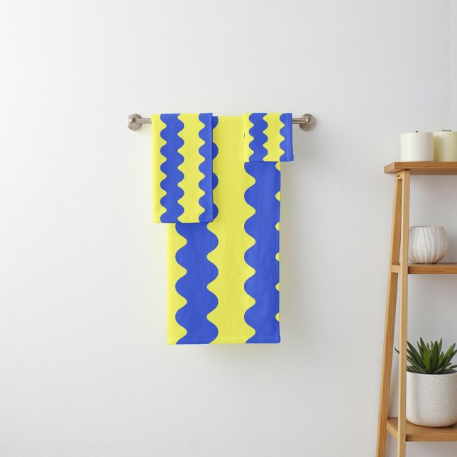 Bleu Lime Wavy Stripe Gras Accent salle de bain (Blue Lime Wavy Stripe Bold Bathroom Accent Bath Towel Set)