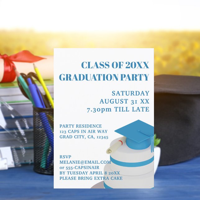 Bleu Lycée Classe De Graduation Invitations (Add your graduation party details to this fun Grad Cap Cake party invitation)