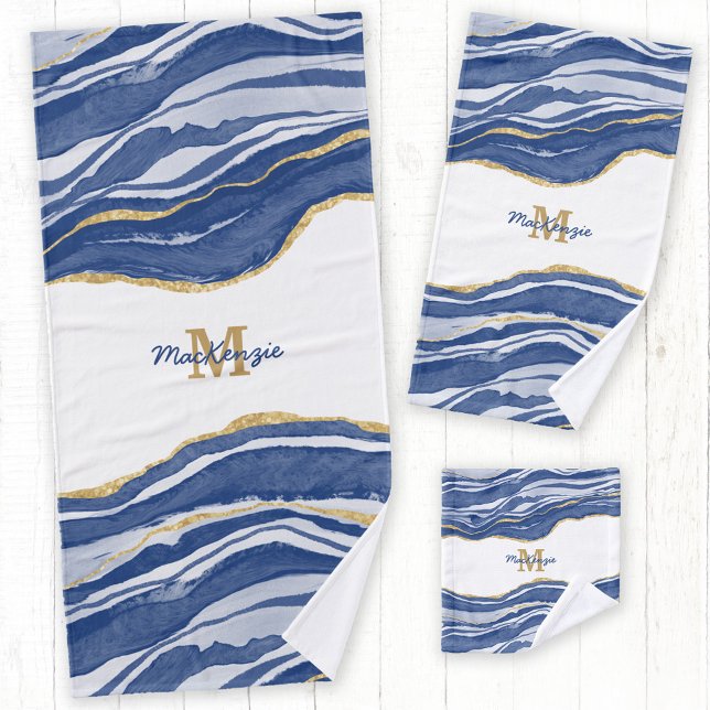 Bleu Marbre Agate Or Parties scintillant Monogramm (Watercolor blue agate monogram name towel set)