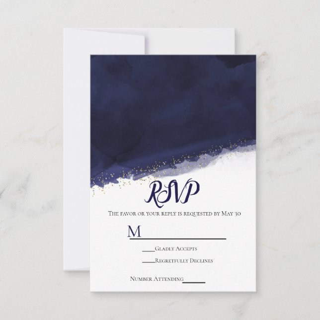 Bleu marine aquarelle or chic moderne RSVP de mari (Devant)