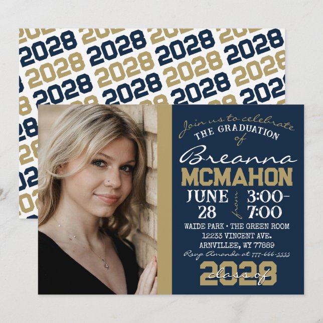 Bleu Marine & Bronze Graduation Photo Invitation (Devant / Derrière)