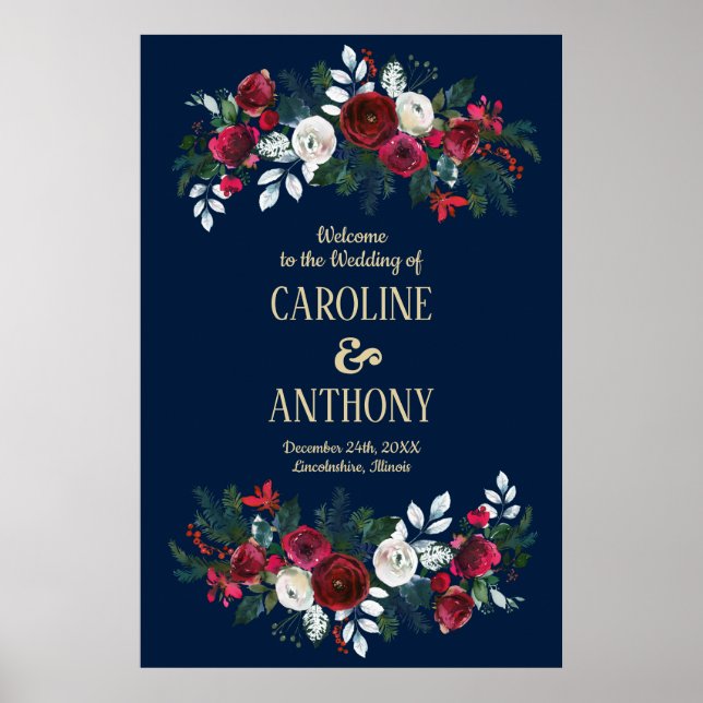 Bleu Marine | Burgundy Bloom Mariage Affiche de bi (Devant)