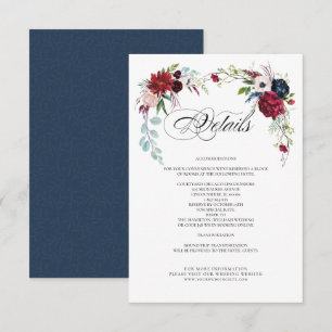 Bleu Marine   Burgundy Floral Mariage Détail Carte