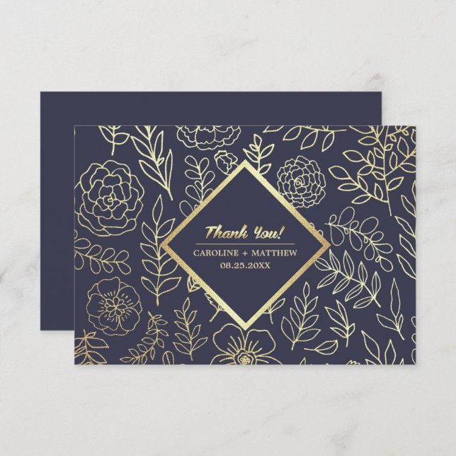 Bleu Marine | Carte de remerciements Mariage Gold  (Devant / Derrière)