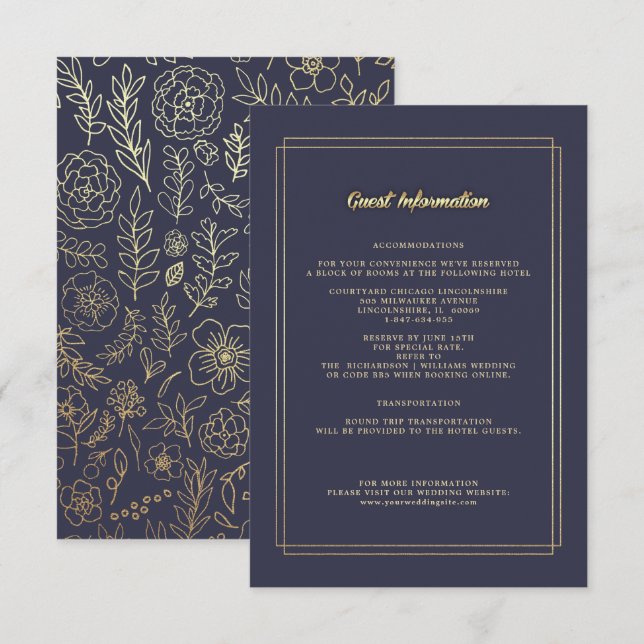 Bleu Marine | Cartes de détails du Mariage Gold Fl (Devant / Derrière)