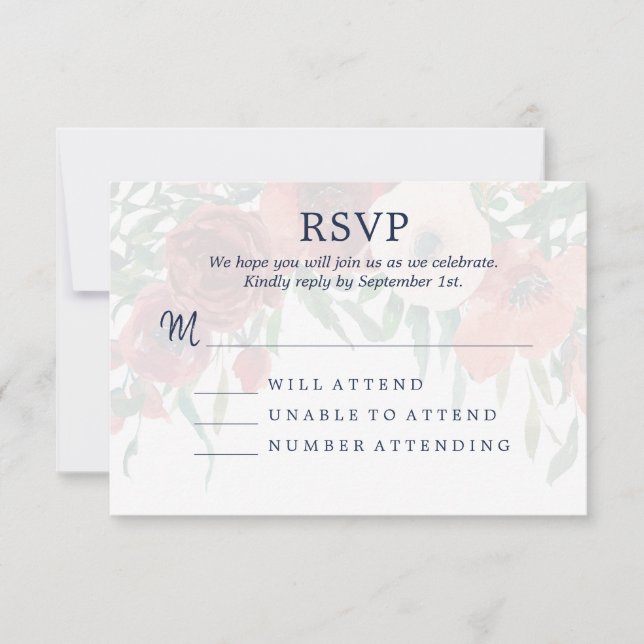 Bleu marine Corail Aquarelle Floral RSVP Mariage (Devant)