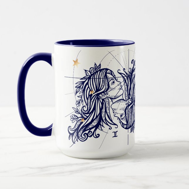 Bleu marine de zodiaque de Gémeaux et tasse de (Gauche)