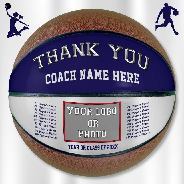 Bleu marine et argent, ballon de basket personnali (Great gifts for basketball coaches. Basketball coach appreciation gifts. Customizable basketballs.)