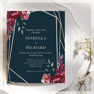 Bleu Marine Faire-part de mariage Floral Bourgog