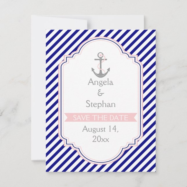 Bleu marine, faire-part de mariage nautique rose " (Devant)