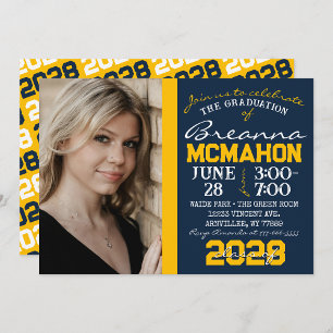 Bleu Marine & Gold Graduation Photo Invitation