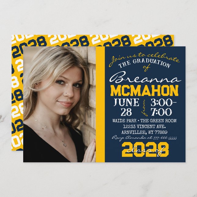 Bleu Marine & Gold Graduation Photo Invitation (Créateur téléchargé)