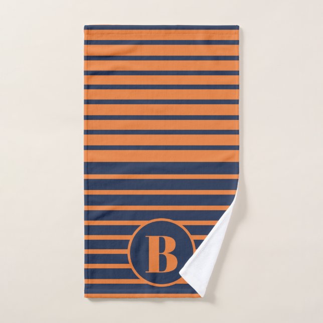 Bleu marine orange rayé monogramme   (Serviette à main)