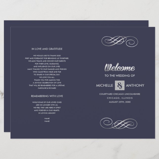 Bleu Marine | Silver Elegant Folded Wedding Progra (Devant / Derrière)