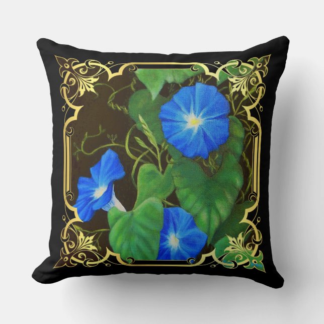 Bleu Matin fleurs de gloire, cadre élégant coussin (Recto)