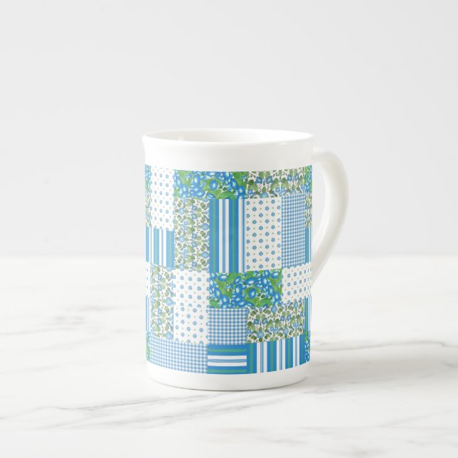 Bleu matin Gloire Faux Patchwork Os Chine Mug (Devant droit)