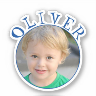 Bleu mignon cadre rond Nom et photo Sticker pour e