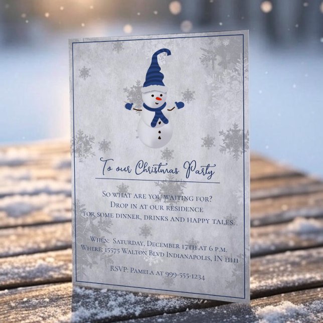 Bleu mignon Snowman Noël Invitation (Blue Cute Snowman Christmas Party Invitation)