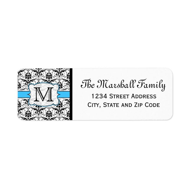 (Bleu) Monogramme de Damas Étiquettes d'adresse de (Devant)