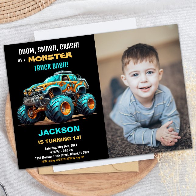 Bleu Monster Camion Invitations Anniversaire Photo (Blue Monster Truck Birthday Invitations Photo)