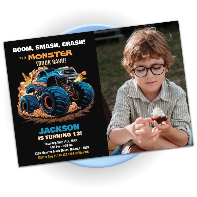 Bleu Monster Camion Invitations Anniversaire Photo (Blue Monster Truck Birthday Invitations Photo)