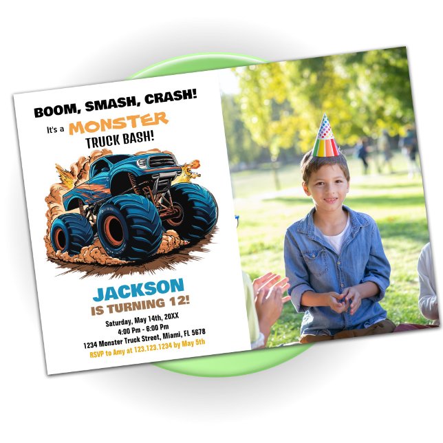 Bleu Monster Camion Invitations Anniversaire Photo (Blue Monster Truck Birthday Invitations Photo)