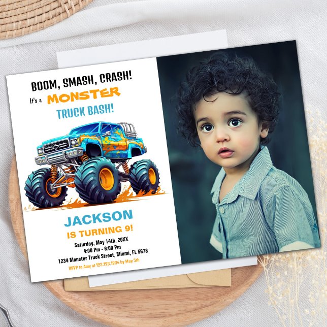 Bleu Monster Camion Invitations Anniversaire Photo (Blue Monster Truck Birthday Invitations Photo)