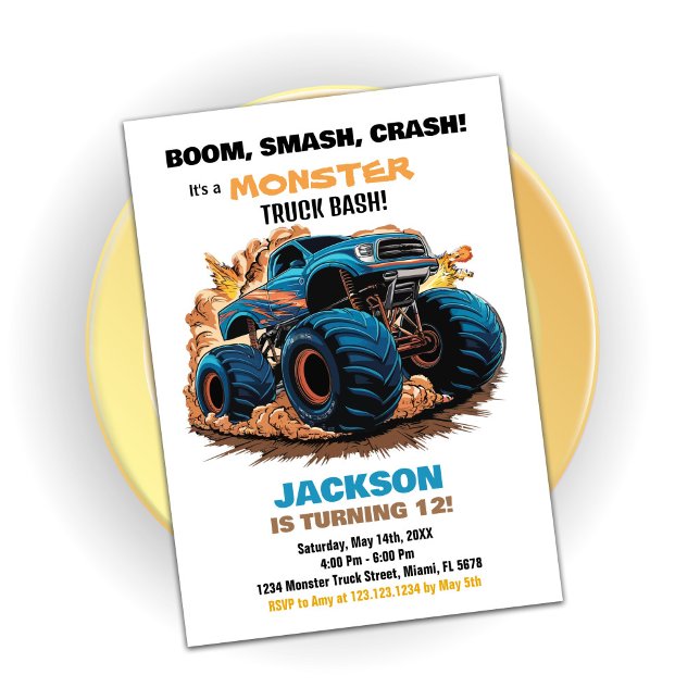 Bleu Monster Truck Invitations Anniversaire (Blue Monster Truck Birthday Invitations)
