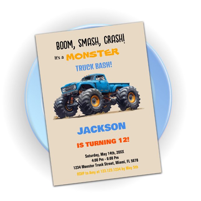 Bleu Monster Truck Invitations Anniversaire (Blue Monster Truck Birthday Invitations)