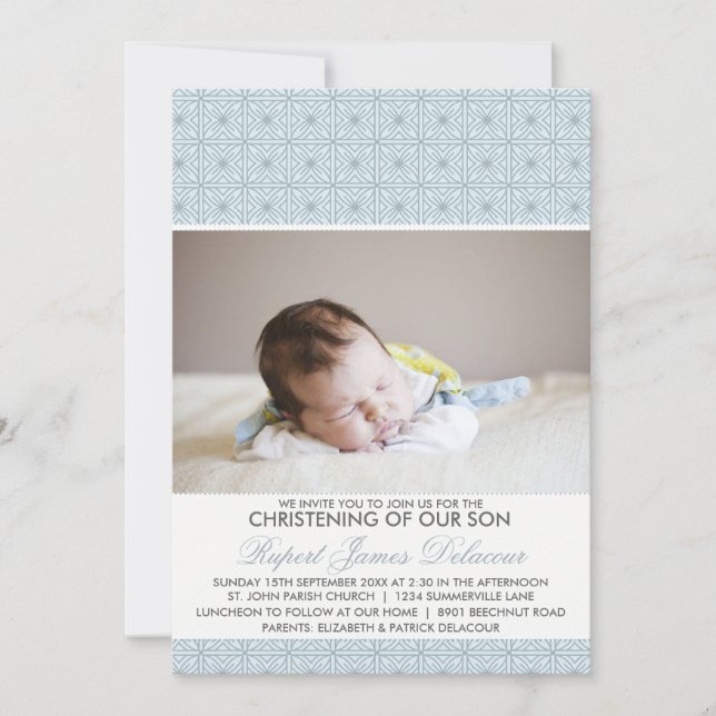 Bleu Motif Ornat Photo Christening Invitation (Devant)