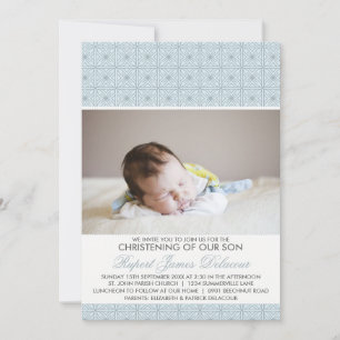 Bleu Motif Ornat Photo Christening Invitation