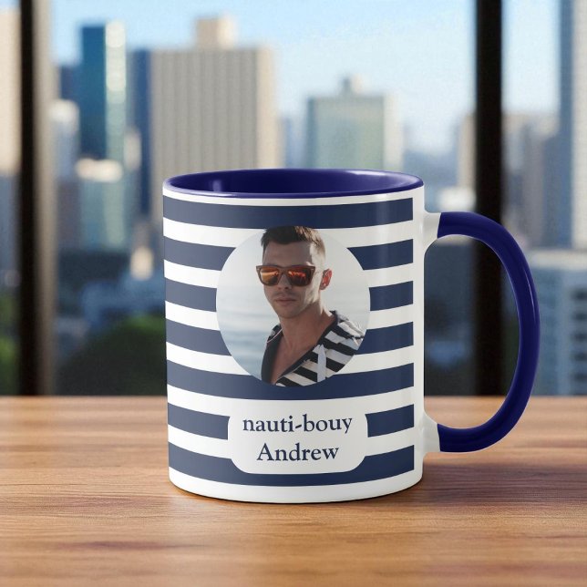 Bleu Nautique Bleu Bande Photo Mug (Créateur téléchargé)