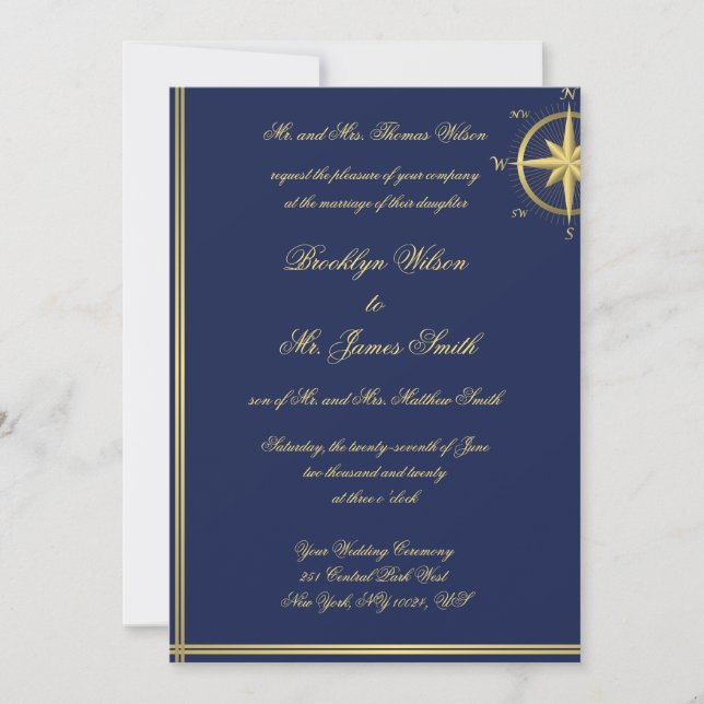 Bleu Nautique Invitations de mariage Gold Compass (Devant)