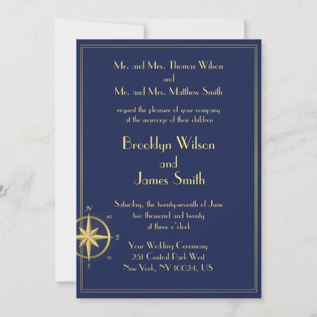 Bleu Nautique Invitations de mariage Gold Compass (Devant)
