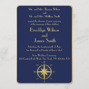 Bleu Nautique Invitations de mariage Gold Compass
