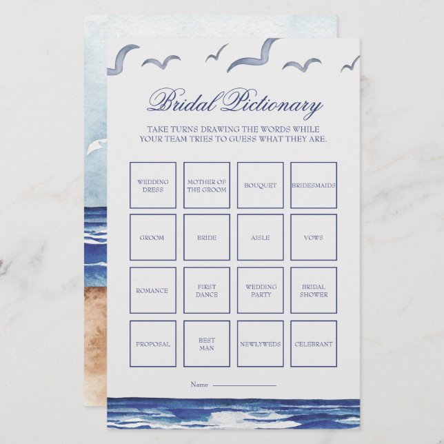 Bleu Nautique Mer de mer Bridal jeu Pictionary (Devant / Derrière)