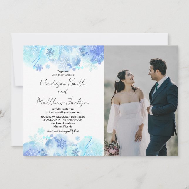 Bleu Neige Mariage Invitations avec photo (Devant)