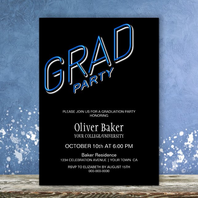 Bleu néon signe Black Graduation Party Invitation (Créateur téléchargé)