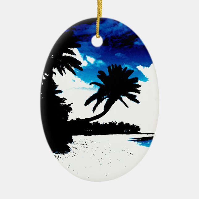Bleu noir blanc Palm Tree Beach Ornement (Devant)