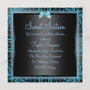 Bleu/Noir Bow & Frame Sweet16 Invitation d'anniver