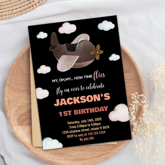 Bleu noir Brown avion Invitations d'anniversaire (Black Blue Brown Airplane Birthday Invitations)