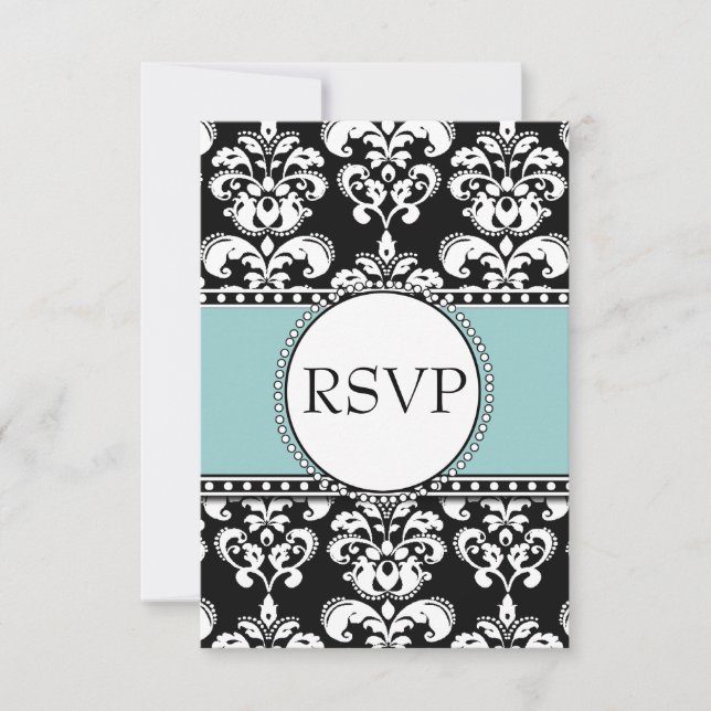Bleu noir Damas RSVP pour les invitations Carrés (Devant)