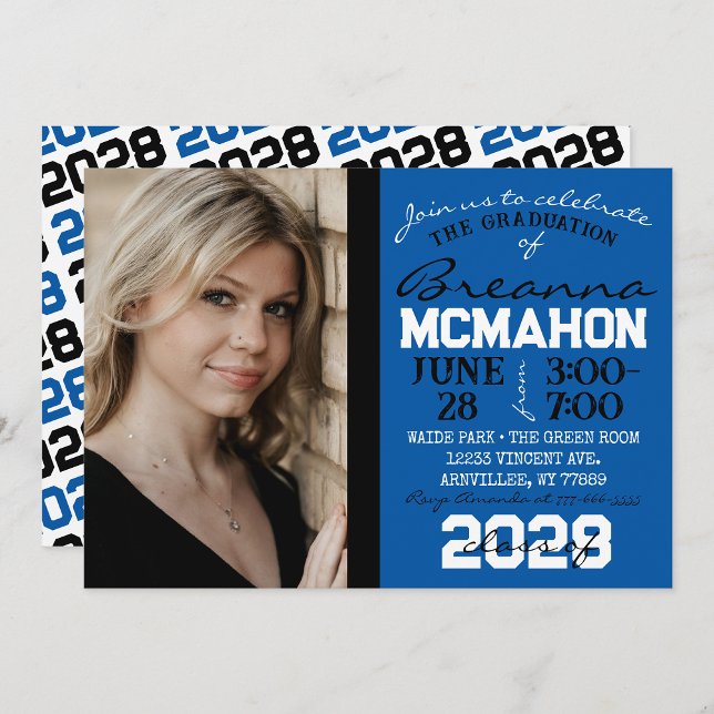 Bleu, noir et blanc Diplôme Photo Invitation (Repeating Class Year 1 & 2 Photo Graduation Invitations & Announcements)